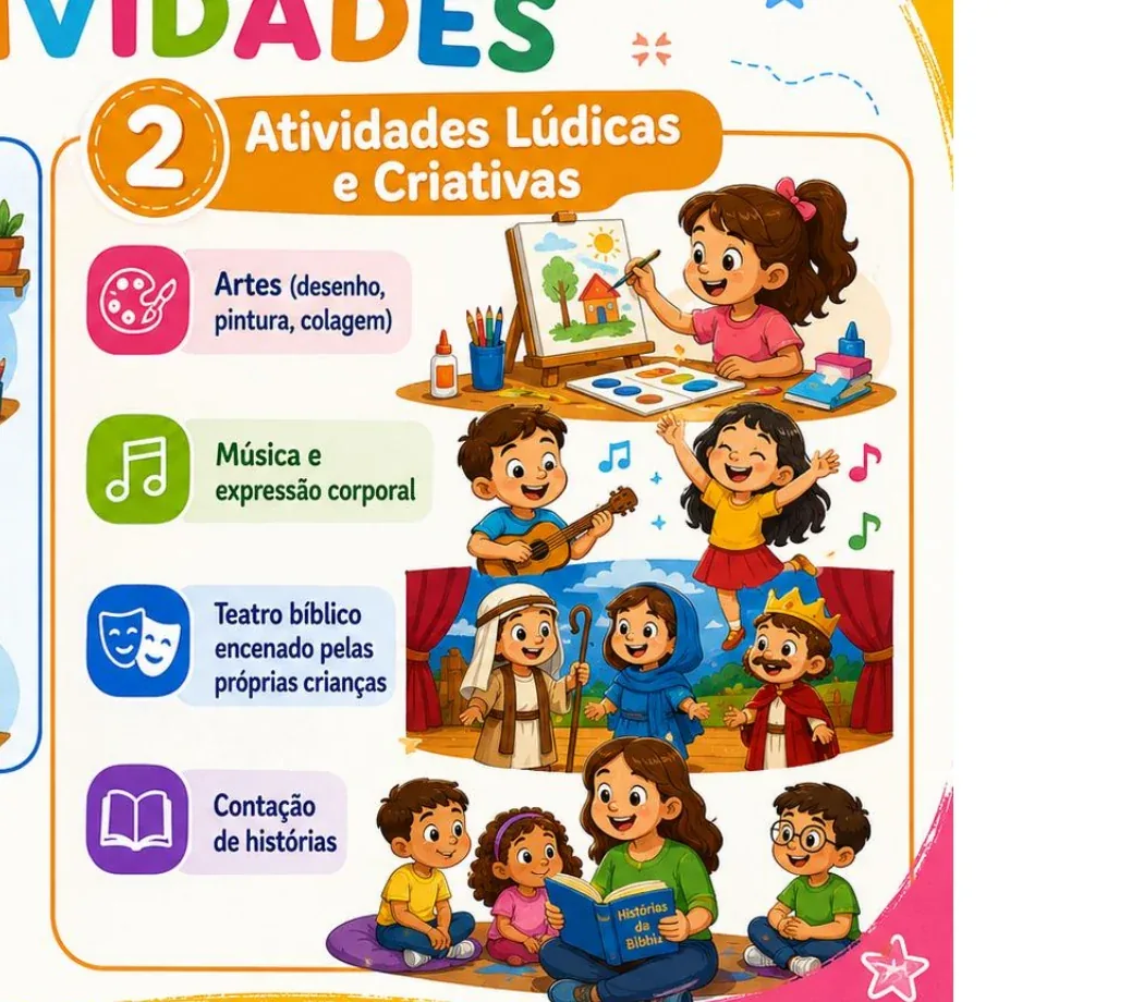Crianças participando de atividades lúdicas, criativas e de aprendizagem